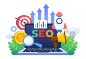 Icons to represent organic SEO results growing out of a laptop