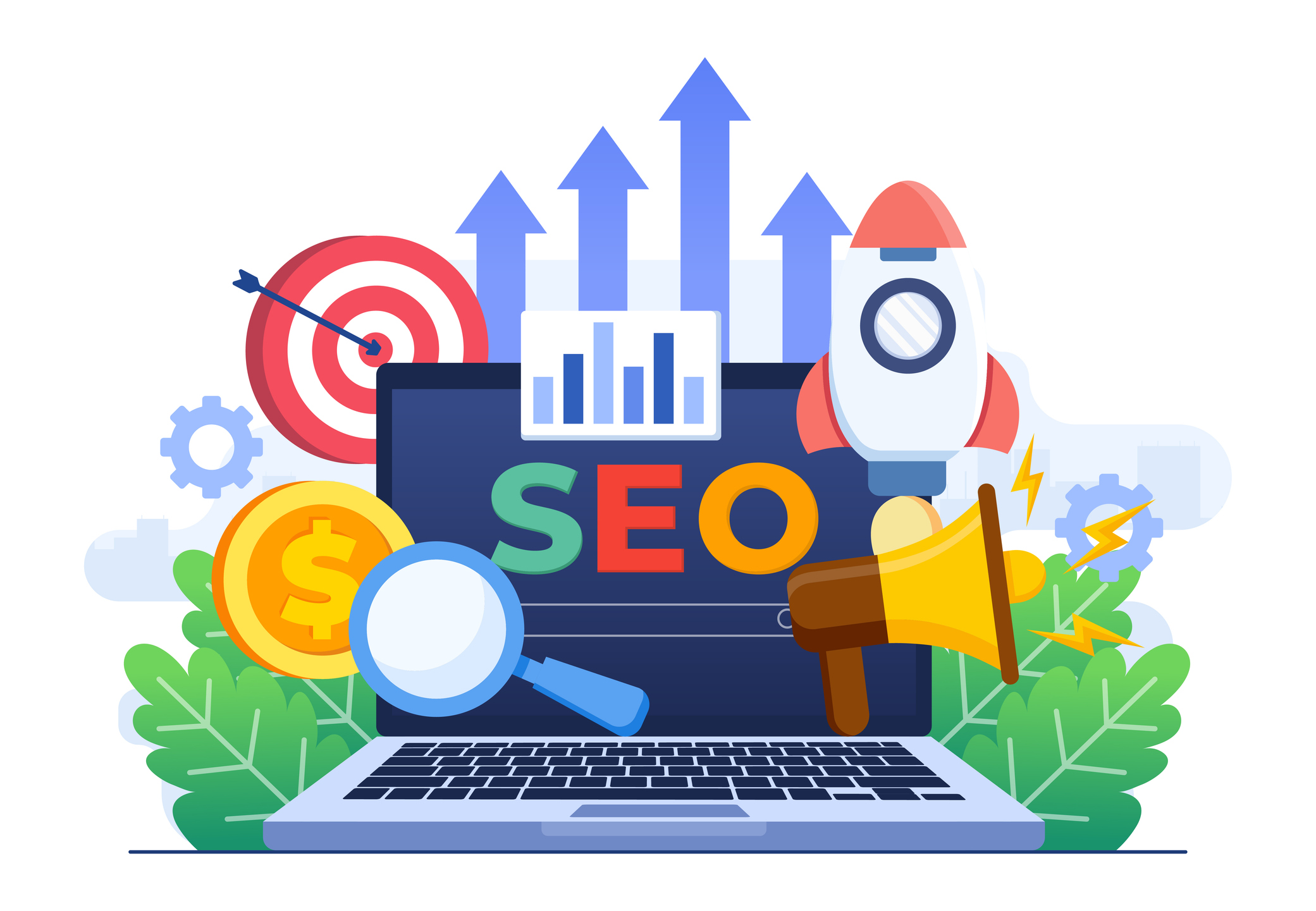 icons to represent organic seo results growing out of a laptop