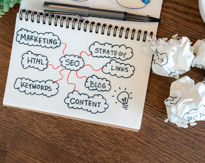 Web content creation outline on notepad.